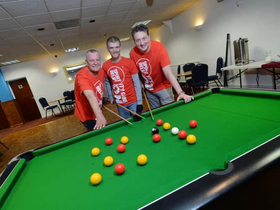 Kevin Waterworth, Carl Tansur and Mark Turner before the start of their Sports Relief 24hr snooker marathon at Market Harborough Conservative Club.
PICTURE: ANDREW CARPENTER