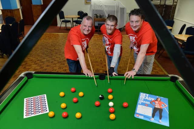 Kevin Waterworth, Carl Tansur and Mark Turner before the start of their Sports Relief 24hr snooker marathon at Market Harborough Conservative Club.
PICTURE: ANDREW CARPENTER