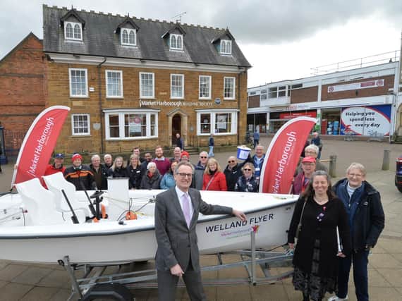 All aboard...Mark Robinson chief executive, Emma Dakin and Barbara Hogg during the nameing of the Northamptonshire Sailability new craft.
PICTURE: ANDREW CARPENTER