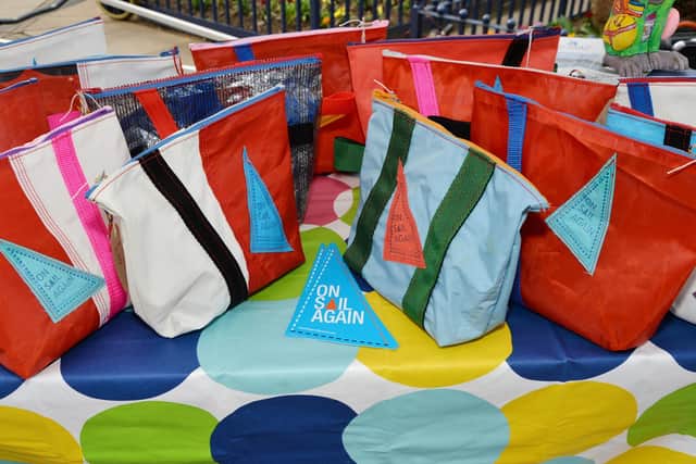 A selection of her hand made bags by Sarah Butcher made from boat sails.
PICTURE: ANDREW CARPENTER