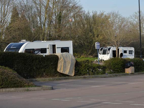 Travellers pitched up at Harborough Leisure Centre on Tuesday March 24.