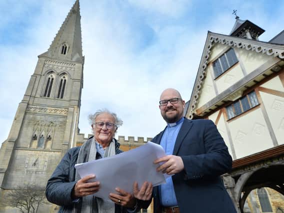 Rennie Quinn church warden and Rev James Pickersgill with plans outside St Dionysius church.
PICTURE: ANDREW CARPENTER