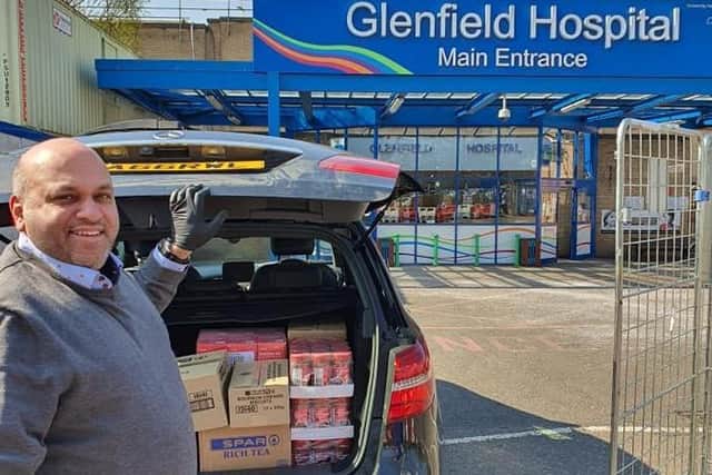 Raj Aggarwal dropping off food for NHS staff at Glenfield Hospital.