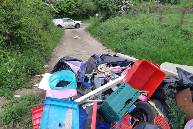 The mound of household waste was piled up by the flytippers on Langton Road, Great Bowden, over the weekend.