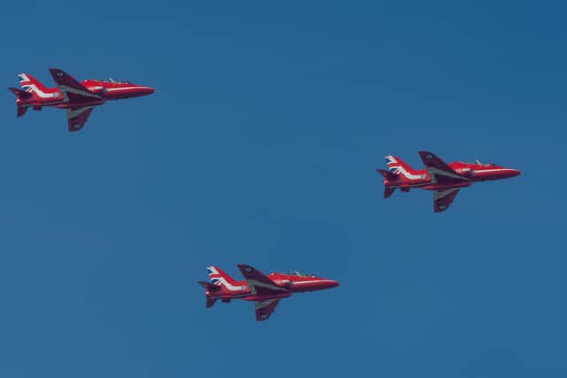 The Red Arrows flew over Market Harborough on VE75 Day on Friday morning after flying over Buckingham Palace. Photo by Peter Crowe Communications.