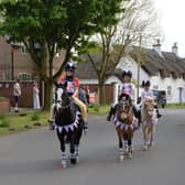Olivia Westmoreland 10 on Toby, Niamh Shearn 8 on Goldie and Philippa Shearn 6 on Kasper marked VE Day by riding through Mowsley on their ponies in Red, White and Blue.
PICTURE: ANDREW CARPENTER