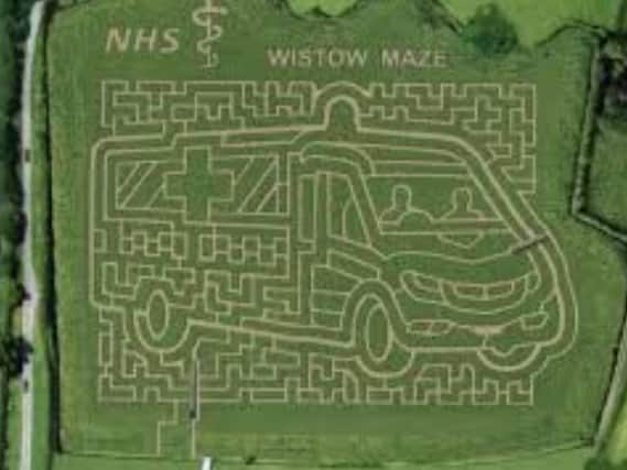 The ambulance design at Wistow Maze in 2018, celebrating the 70th anniversary of the NHS.