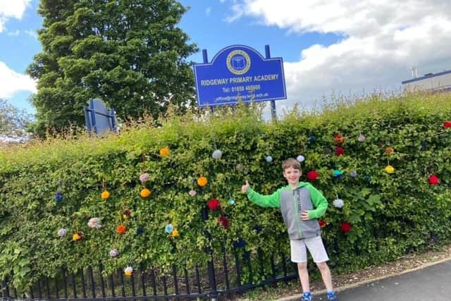 Pupils at Ridgeway Primary Academy on The Ridgeway have conjured the magnificent rainbow of pom poms on their school hedge for everyone to enjoy and admire.