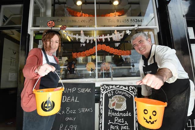 Fiona Berrisford and Paul Wilkinson of Chapman butchers join in the Halloween trail.
PICTURE: ANDREW CARPENTER