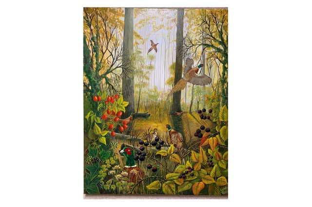 Lynda's painting ‘Through an Autumn Hedge’, depicting exotic pheasants in a colourful knot of beautifully-autumnal woodland.