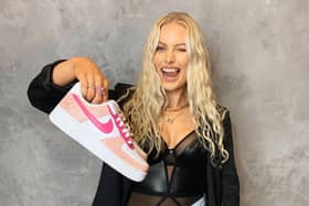 Leah Giles has designed and made the special one-off pink shoes – complete with tiny boobs – to showcase the nationwide campaign urging women to check their breasts regularly.