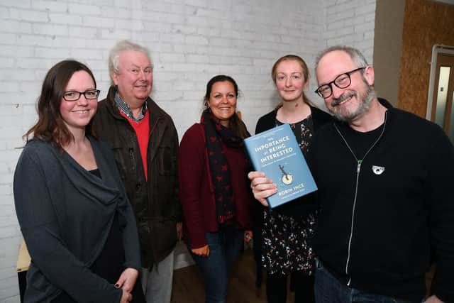 Robin Ince during the launch of his science book with, from left, Sarah Van Der Walt of Eco Village, Chris Ladkin (Quinns Bookshop(, Maria Arnesson (Eco Village) and Danny Reid of Quinns Bookshop.
PICTURE: ANDREW CARPENTER