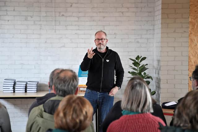 Robin Ince during the launch of his science book at the Eco Village.
PICTURE: ANDREW CARPENTER