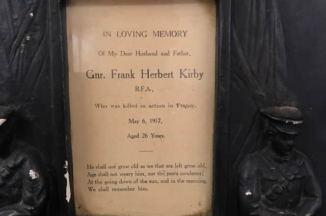 Staff at Kibworth Mead Academy in Kibworth Beauchamp are keen to trace the loved ones of Gunner Frank Herbert Kirby after finding a poignant memorial plaque from his wife saluting him in a cupboard.