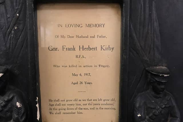 The memorial plaque to Gunner Frank Herbert Kirby.