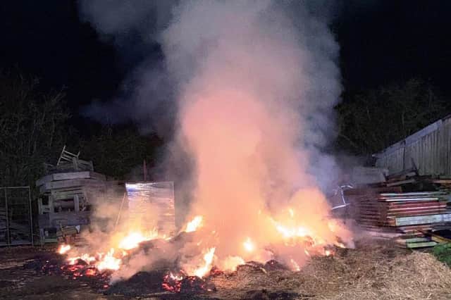 Firefighters from Desborough raced to tackle the blazing stacks of hay in a yard off Lubenham Road at East Farndon just before 7pm on Saturday night.