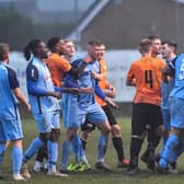 Tempers flare during Lutterworth Town’s 1-0 home defeat to Rugby Town last weekend. Picture by Martin Pulley