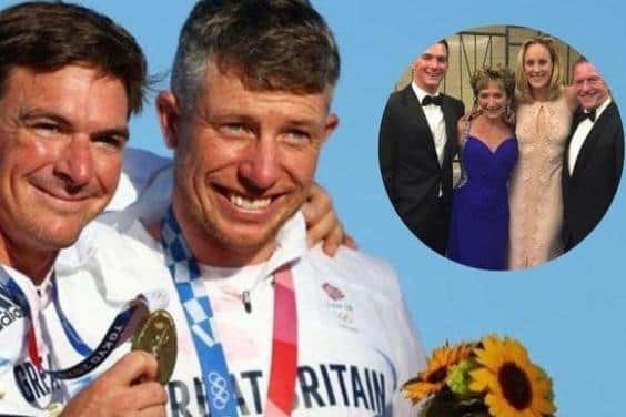 Dylan Fletcher struck gold with his team-mate Stuart Bithell in the 49ers at the Tokyo Olympics in August in a heart-stopping race which gripped the entire nation. The inset show Dylan with his family.