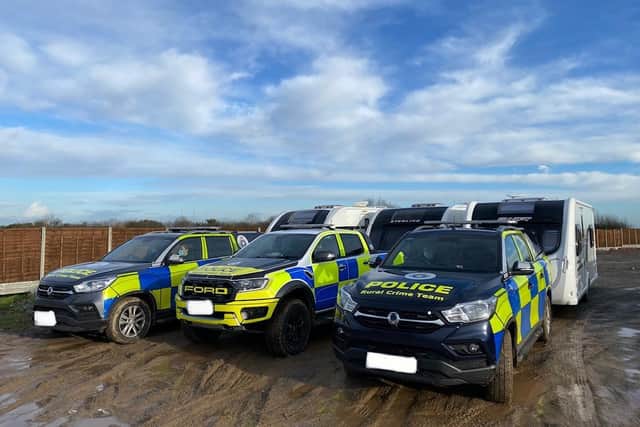 Three stolen caravans and “fraudulently-hired” heavy plant equipment worth a total of £150,000 have been seized by police at a travellers’ site near Market Harborough.