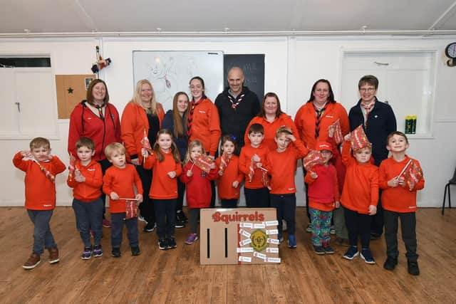 Centre, Ed Stafford, Scout Ambassador during the official opening of the new squirrel scout section at Little Bowden Scout Hut.
PICTURE: ANDREW CARPENTER