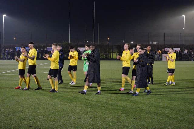The Harborough Town players applaud their fans after their FA Vase exit last weekend. Pictures by Andrew Carpenter