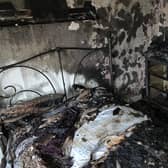These images show the devastating aftermath of a fire started by a candle at a home near Harborough