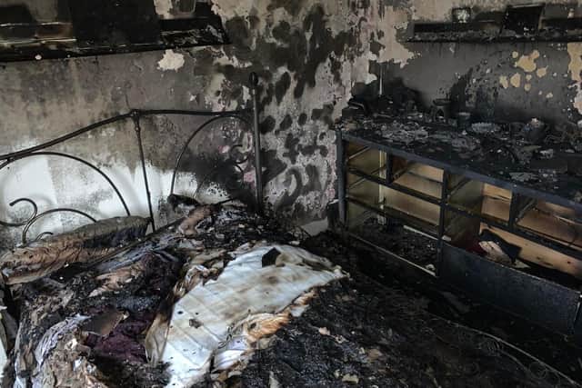 These images show the devastating aftermath of a fire started by a candle at a home near Harborough