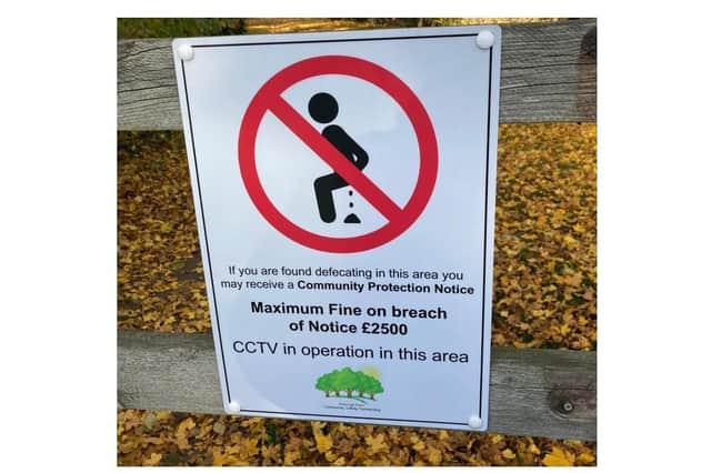 A hard-hitting council sign was put up bluntly warning people that if they defecated in public in Market Harborough they would be fined up to £2,500. Photo courtesy of HFM.