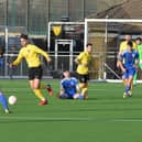 Joel Carta scored Harborough Town’s second goal in last weekend’s vital 3-2 victory over Newport Pagnell Town. Picture by Andrew Carpenter