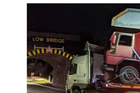 This lorry driver stopped in the nick of time as he got to within just a few feet of the low bridge on busy Kettering Road in Little Bowden, Market Harborough. Photo by Jon Pollard.