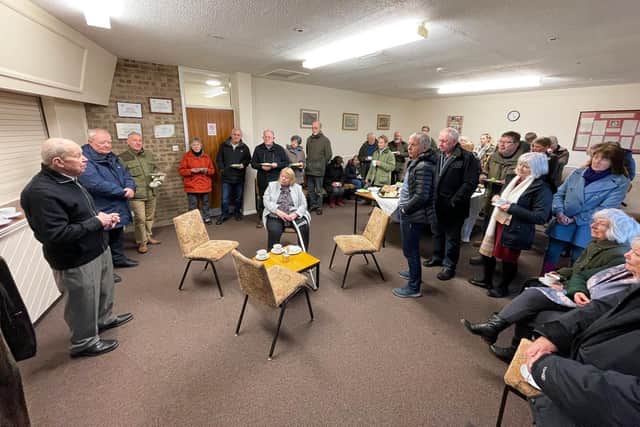 Left, Lawrence Dale during his thank you speech at Wilbarston village hall.
PICTURE: ANDREW CARPENTER