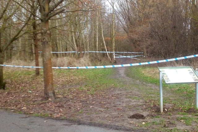 The park pictured cordoned off with police tape shortly after the remains were found.