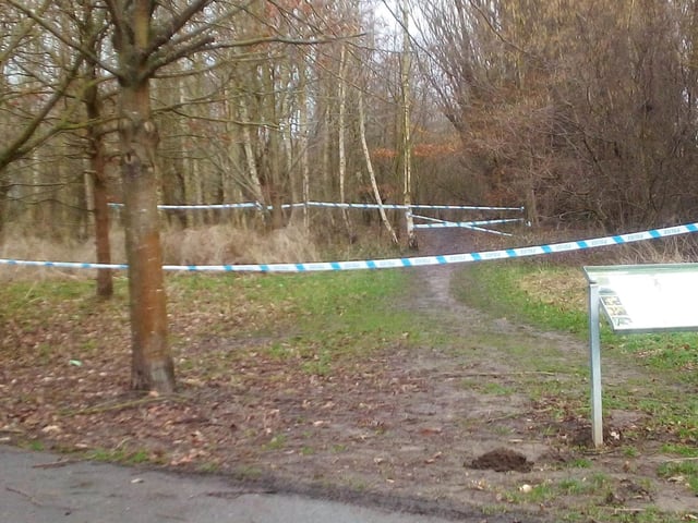 The park pictured cordoned off with police tape shortly after the remains were found.