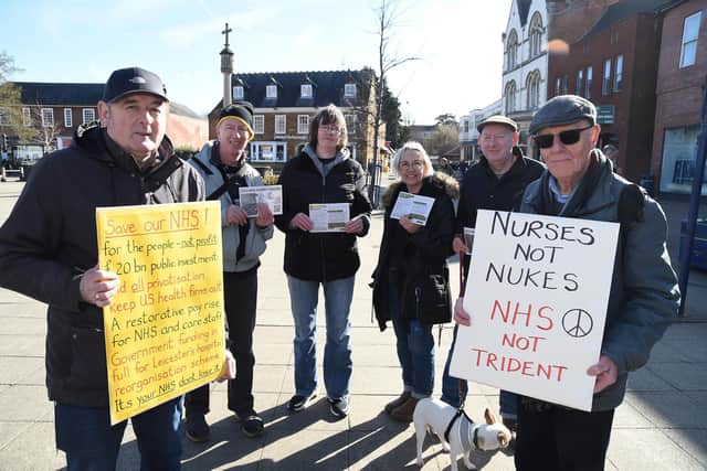 Health campaigners from Save Our NHS Leicestershire and the Campaign Against NHS Privatisation held protests on the Square in Market Harborough on Saturday.
PICTURE: ANDREW CARPENTER