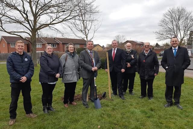 Vice chairman of HDC Cllr Neil Bannister pictured with Alberto Costa MP, ward councillor Mark Graves, three members of the parish council, the parish manager, the chairman of the Broughton Astley Volunteer Group, Joe Johnson (the local tree warden) and members of the public.