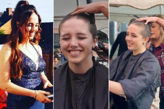 Before and after: Liv Kendrick, 17, had her head shaved at the Admiral Nelson pub on the town’s Nelson Street on Saturday evening (March 19) as her family and friends looked on.