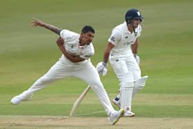Leicestershire bowler Beuran Hendricks in bowling action as Durham batsman David Bedingham looks on during day two of the LV= Insurance County Championship match between Durham and Leicestershire at The Riverside in Chester-le-Street, England. (Photo by Stu Forster/Getty Images)