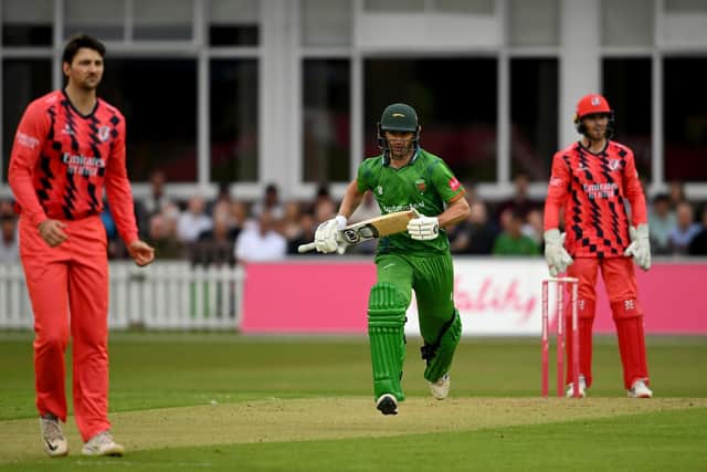 Colin Ackermann of Leicestershire takes a quick single. (Photo by Ross Kinnaird/Getty Images)