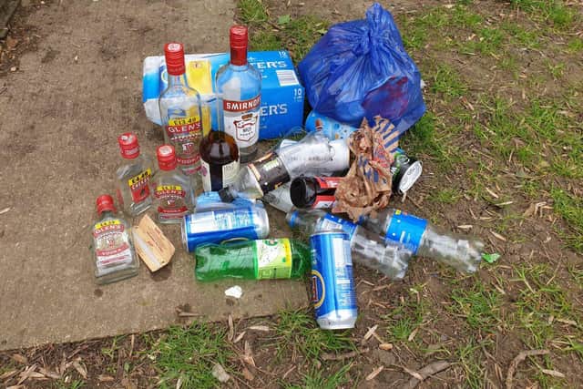 Beer bottles and cans picked up by volunteers in Kibworth’s Smeeton Road Recreation Ground and Warwick Park