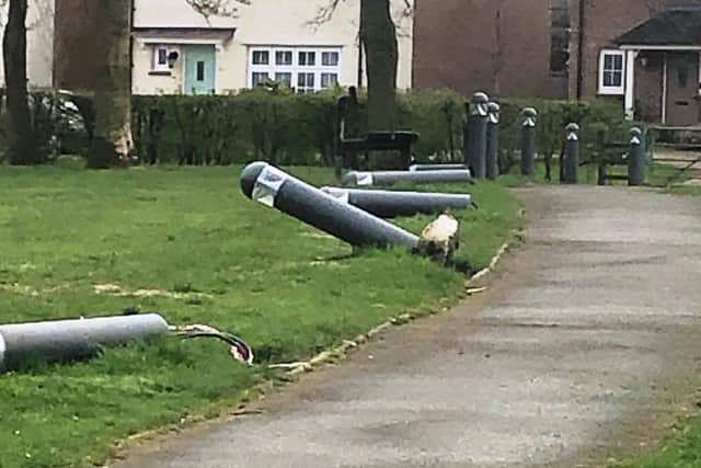 Vandals have ripped at least 10 lit bollards out of the ground at Bellfields Recreation Ground off Glebe Road in Little Bowden. Photo courtesy of HFM.