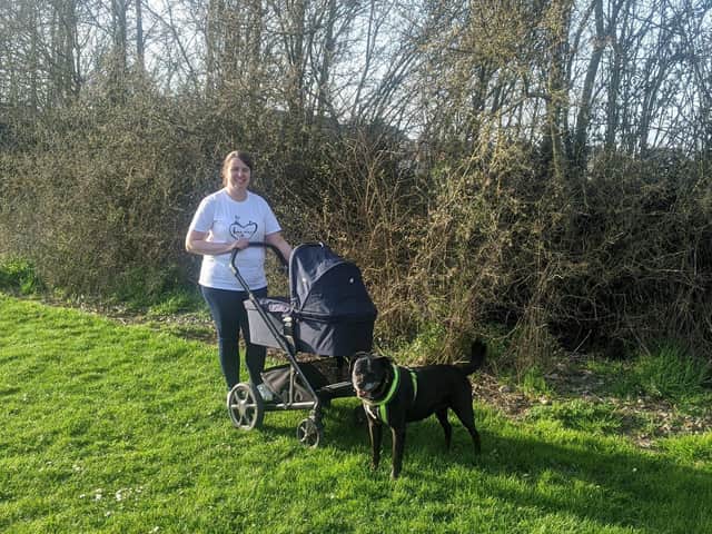 Supporter Janet taking on Miles for Rainbows with dog Tilly
