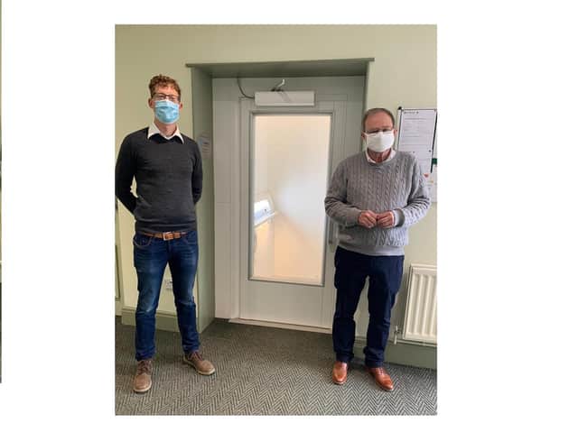 Checking out the new lift at Lutterworth Town Hall - left, Jamie Prpa, manager at the nearby Tarmac Cotesbach landfill site; and right, Stephen Walkley of the Lutterworth Town Hall committee.