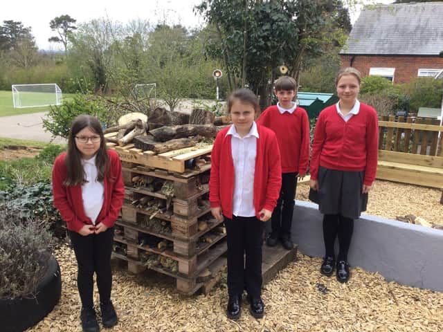 Children at Dunton Bassett Primary School enjoying outdoor classroom.