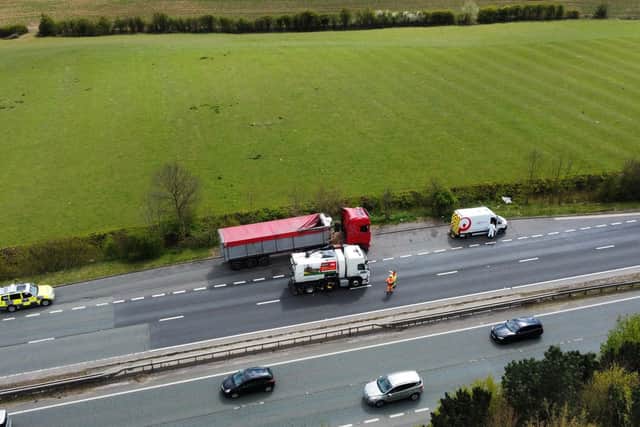 Roads in the town are becoming jammed after the A14’s westbound carriageway between Kelmarsh and Welford was shut after a huge amount of offal spilled out from a poultry vehicle.