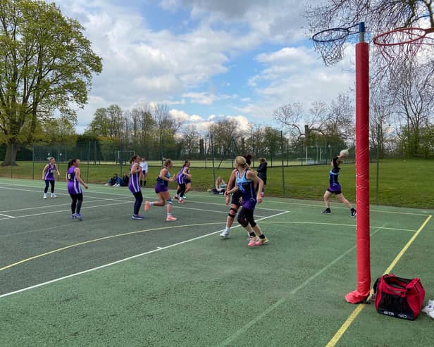 Action from the match between MHBCs and Harborough Harriers in the Market Harborough Netball League
