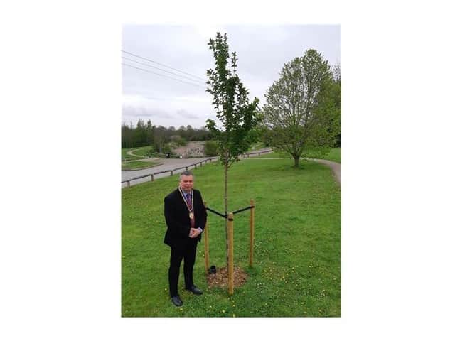 Cllr Neil Bannister, Harborough council’s vice chairman, with one of the new cherry trees.