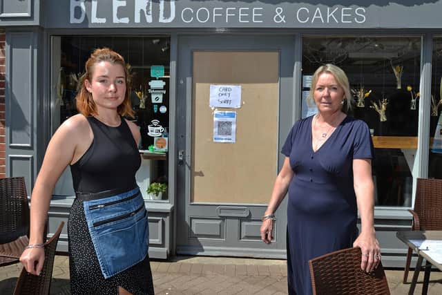 Owners Ellie and Hazel Duffin after the break-in at Blend coffee shop in Manor Walk.
PICTURE: ANDREW CARPENTER