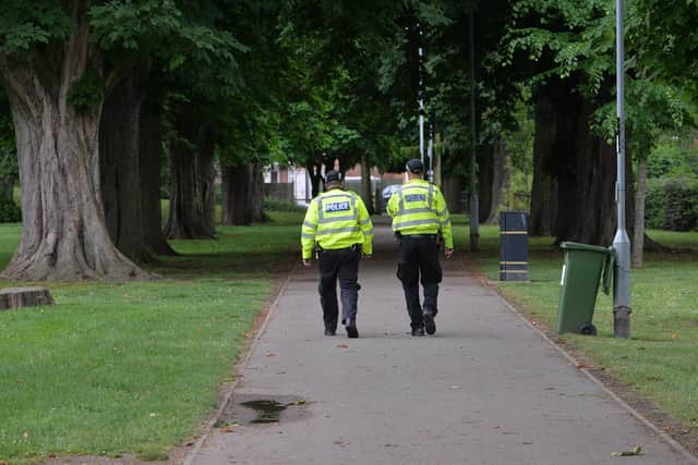 Police on patrol at Little Bowden Recreation Ground.