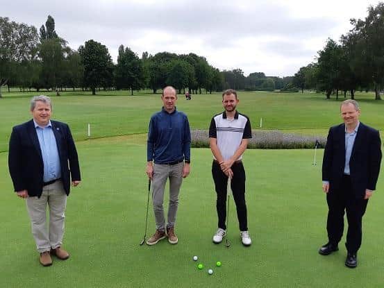 Cllr Phil King, MB Performance owner Michael Bent, Jake Buytenhuys, and Neil O’Brien MP at Kibworth Golf Club.