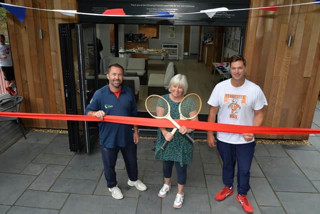 Lesley Paris with Danny Sapsford and Marcus Willis before the ribbon cutting at the new Great Bowden tennis clubhouse.
PICTURE: ANDREW CARPENTER